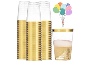 mauepersu 50 Stück Plastikbecher mit Golden, 280ml Becher aus Kunststoff Wiederverwendbare Trinkbecher Elegante Party Weingläser für Champagner Bier Cocktail Martini Soda Dessert (Gold)