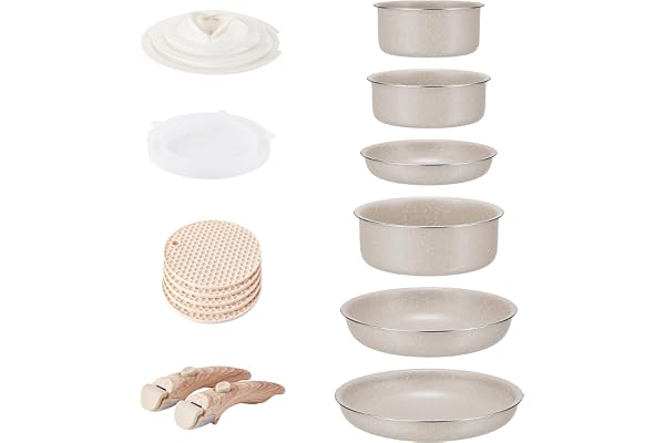 RIOVARM Induction Batterie de cuisine avec Poignées Détachables, Empilables Antiadhésive Granit Sets de poêles et casseroles avec Couvercles, Peu encombrant Poêle à frire Sans PFOA