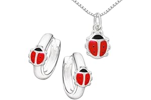 Clever Schmuck Set Silberner Mädchen Anhänger Mini Marienkäfer 8 mm mit Füßchen rot schwarz lackiert, passende Mini Kinder Creolen 10 mm & Kette Venezia 38 cm STERLING SILBER 925