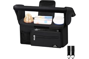 Philorn Baby Pram Bag with Insulated Cup Holder, Buggy Organiser for Baby Essentials Fits Universal Strollers Like Joie, YOYO Pushchair Handlebar, Detachable Zippered Pocket, Adjustable Strap
