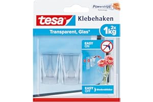 tesa Klebehaken für transparente Oberflächen und Glas (1 kg) - Durchsichtige, selbstklebende Haken - Bis zu 1 kg Halteleistung pro Haken, 2-er Pack