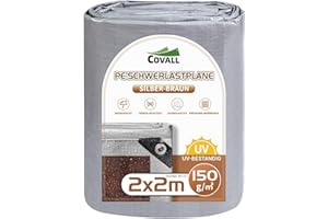 Covall 150g/㎡ Tarpaulin, Fishied Size 2×2m, Heavy-Duty Waterproof Tarp Cover with Reinforced Grommets, UV-Resistant Groundsheet, Silver/Brown