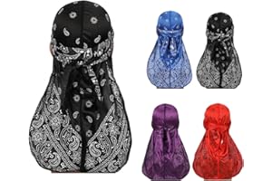 WALLFIRE Durag Gorra para hombres y mujeres, 1 pieza suave y cómoda de tela similar a la seda con ondas de cola larga para la cabeza