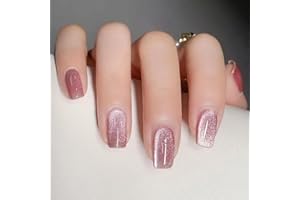 Ceboic Lot de 24 Français Faux Ongles Autocollants Courts Carrés Acrylique Ongles Paillettes Rose Press on Nails Naturels Réutilisables Ongles à Coller avec Gel Pad Ongles pour Femme Fille Nail Art