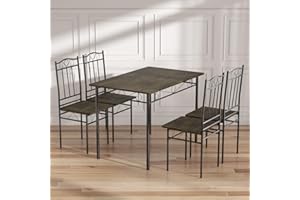 LafeuR Esstisch mit 4 Stühlen Set, Küchentisch-Set aus Schwarze Metallbeine, Holztisch-Set für 4 Personen,Essgruppe für Esszimmer, Küche, Wohnzimmer, Dunkles Holz