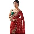 SIRIL Women's Georgette Bandhani Printed Sequence Embroidery Lace Saree With Unstitched Blouse Piece
