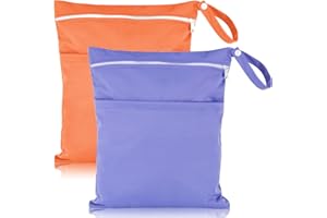 Heyu-Lotus 2 Packs Wet Dry Bags, Reusable Washable Cloth Diaper Nappy Bags with Double Zipper Pockets for Baby Items, Wet Clothes, Swimming, Gym, Pool, Beach (Purple+Orange)
