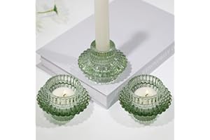 HofferRuffer Candlestick Holders Set of 3,Glass Candle Holders for Taper Candles & Tealight Candles Green