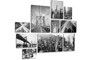 Giallobus - Ensemble de 10 peintures Multi-Panneaux - Ville - New York N&B - Bois MDF - | 2 x 42x29,7cm | 4 x 29,7x21cm | 4 x 21x14,85cm | - Prêt à accrocher - Tableaux d'intérieur