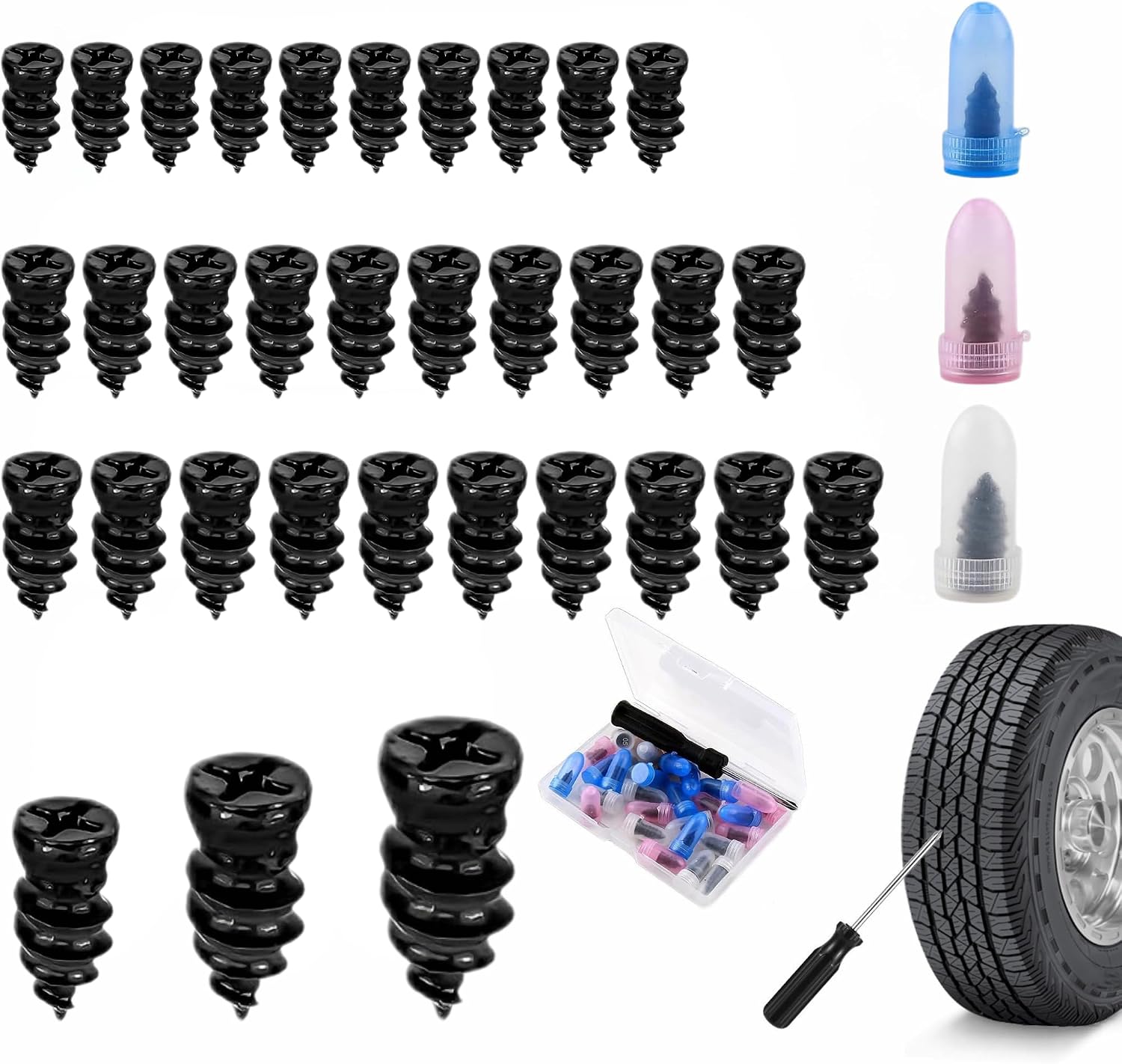 30 Piezas Kit Antipinchazos Coche Repara Pinchazos con 3 Tamaños (10 S+10 M+10 L) de Clavos de Goma para Neumáticos al Vacío y Destornillador Kit de Reparación de Neumáticos para Coche Moto Bicicleta