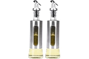 REGAL TRUNK & CO. Regal Trunk | Silver Glass Oil Dispenser Set of 2-300ml Transparent Glass Bottle Organizer - Tight Seal Cap Glass for Liquids Seasoning - Stainless Steel Dispenser - Housewarming Gift for Home