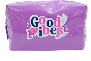 PONETTE - Neceser de Mujer Juvenil Tejido Plastificado en Morado Púrpura Estampado de Patines y Texto Good Vibes en Rosa Fucsia y Azul Marino, Chica, Bolsa de Aseo, Neceser de Viaje, Marca Española