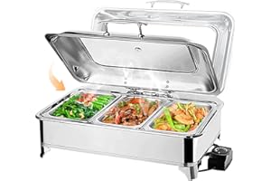 VFDZ 9L Chafing Dish Scaldavivande Elettrico per Buffet Acciaio Inox Professionale, Contenitore Vassoio di Riscaldamento Pentole con Coperchio Visibile, Scaldavivande per Buffet Feste (1/3 Size Pan)