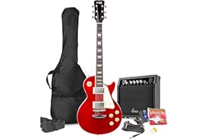 MAX GigKit de Guitarra Eléctrica Estilo LP para principiantes o profesionales. Guitarra diseño LP con pastillas Humbucker, afinador digital, funda de guitarra, correa, cuerdas de repuesto, púas. Rojo