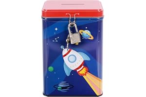 I-TOTAL® Zabawna skarbonka z kłódką i kluczem, skarbonka z metalu z zamknięciem (Space Adventure)