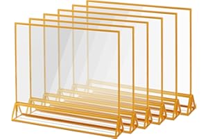 AMEITECH Porta cartelli orizzontali in acrilico con bordi dorati, 11 x 8,5 cm, trasparenti su entrambi i lati, cornici per menù da tavolo, per numeri da tavolo, cartelli per ristoranti, foto e