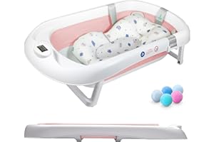 SUPERBE BEBE Baby Bath Tub With Non-slip Bath Cushion And Thermometer - Toddler Bath - Foldable Baby Bath - Newborn Bath - From Birth To 3 Years - Baby Bath Seat Up To 6 Months - Collapsible Baby Bath - Birth Gift