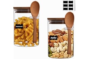 GIGMETA Set di 2 barattoli con coperchio e cucchiaio, da 540 ml, in vetro con coperchio in bambù, da cucina, ermetici
