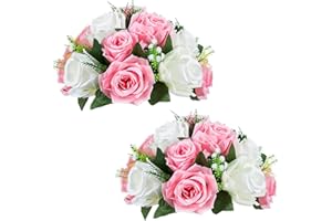 NUPTIO 2 Pezzi Fiori Artificiali, Rose Plastica a 15 Teste con Base, Adatte per Centrotavola Matrimonio del Nostro Negozio Fioriera per Decorazioni per la Casa di San Valentino (Rosa&Bianco)