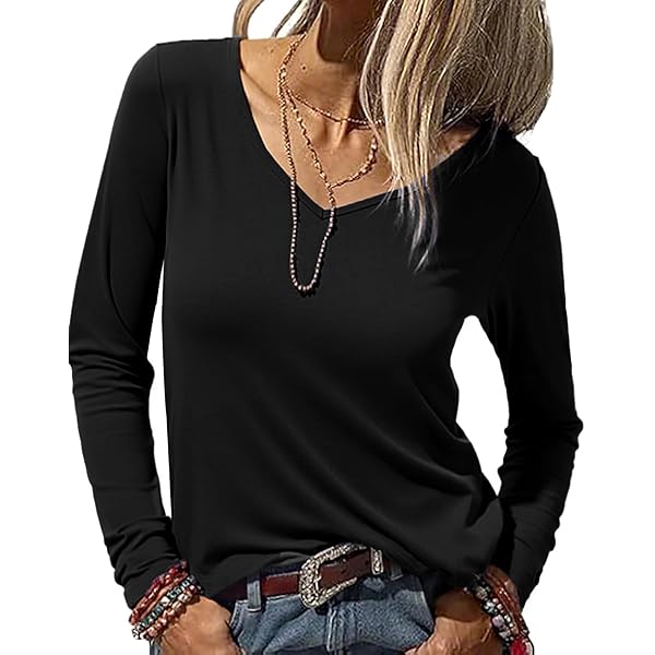 Zeagoo Dames V-hals top lange mouwen basic T-shirts losse pasvorm zachte top casual effen T-shirt herfst winter basislaag S-XXL, Bruin, XL Zeagoo Dames V-hals top lange mouwen basic T-shirts losse pasvorm zachte top casual effen T-shirt herfst winter basislaag S-XXL, Bruin, XL