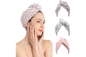 Good Nite 3 Pack Microfibre Hair Towel Wrap Super Absorbent Quick Drying Hair Turban Towels with Buttons Microfibre Towels for Women Girl Long Curly Wet Hair (Pink|Purple|Gray)