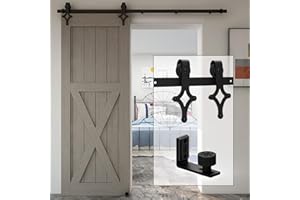 WOLFBIRD Kit de Quincaillerie Porte de Grange 246cm-8FT Kit de Rail Pour Système Porte Coulissante Avec Guide de Plancher Réglable Pour Porte en Bois