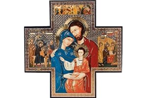 BIBLEGIFTS Holy Family Christmas Nativity Cross Shaped Gold/Silver Metallic Picture Hanging Icon Style 6" x 6" Religious Gift