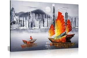 PANTHER PRINT Hong Kong Harbour Boat Oil Painting Canvas Wall Art Picture Print (36x24)