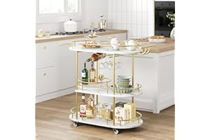 ‎LUNSY LUNSY Gold Servierwagen mit Rollen - 3-stöckiger Rollwagen, Küchenwagen Schmal mit Metallrahmen und Holzregal Barwagen Weinwagen Küchenrollwagen für Bar, Küche, Esszimmer