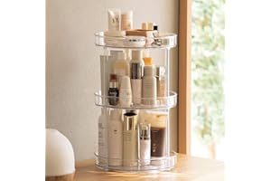 ROWNYEON 360 Rotating Makeup Organiser 3 Tier Skincare Organisers Spinning Organiser Bathroom Counter Organiser Perfume Organiser Kitchen Storage, Clear, 10.63''