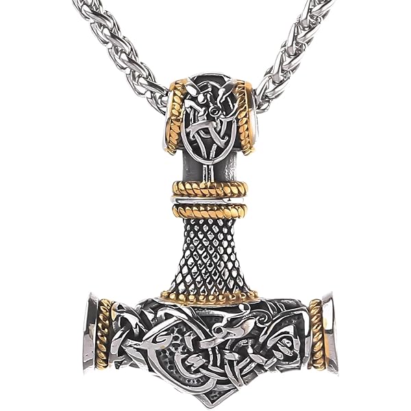 Flongo Collana Vichinga Lupo E Serpente, Ciondolo Testa Di Lupo E Martello Di Thor, Acciaio Inossidabile, Catena 61 Cm