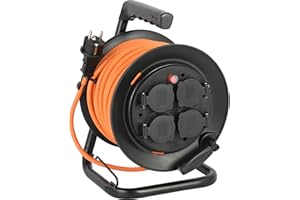 Electraline 49239 IP44 Kabeltrommel 25m outdoor Spezialkabel AT-N05V3V3-F 3G1.5, einsetzbar bis -35 °C, ölund UV-beständig und zudem extrem abriebfest mit 4 Schutzkontakt-Steckdosen