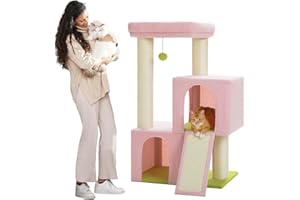 Petepela Grand arbre à chat de 11 cm d'épaisseur - Troncs avec double grotte extrêmement grande, entièrement recouvert de sisal - Convient aux grands chats - Hauteur : 114 cm - Noir/rose