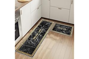 HSGLGNA Kitchen Rugs Runner Set of 2 Anti Fatigue Kitchen Floor Mat for Home Decoration Office Waterproof Non Slip Kitchen Rug Set Comfort Standing Mats (Black Marble, 40 x 120 cm (Rectangular))