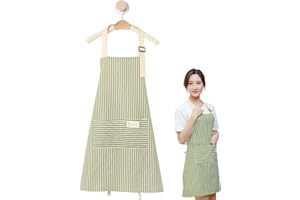 FAMIDIQGO Fartuch kuchenny damski, fartuch kuchenny z torbą, miękki, wodoszczelny, fartuch z bawełny i lnu, do gotowania, pieczenia, malowania, prac domowych (zielone paski)