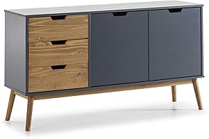 VS VENTA-STOCK Aparador Java 3 cajones y 2 Puertas Gris/Cera, Madera de Pino Maciza, 140 cm Ancho, 40 cm Profundo y 80 cm Alto