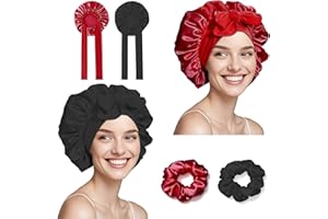 Sealong 2 Stück Seidenhaube zum Schlafen mit Haargummis, Verstellbarem Satin Haarhaube Seide mit Elastischem Bund, Weich Schlafmütze Damen Haarschutz für die Nacht, Bonnet Sleep Cap Lange Haare Locken