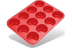 Belmalia Silikonowa Forma do Muffinów na 12 Muffinów | Nieprzywierająca, Babeczki, Brownies, Ciasta, Pudding | Forma do Muffinów | Czerwona