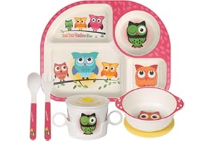 Greentainer Kids Cartoon Dinnerware Set - Children Dishes Food Plate Bowl Cup Spoon Fork Set Dishware, Unbreakable Tableware, Dishwasher Safe Kids Healthy Mealtime, BPA Free,7Pcs/Set-OWL