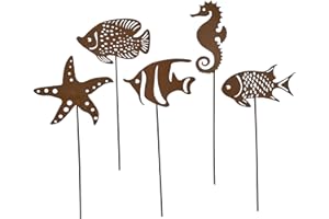 UNUS Garden Fische, Seestern und Seepferdchen Gartenstecker 5er Set, Gartendeko Rostoptik, Roststecker aus Edelrost Metall, Rost Deko für Garten Terrasse Balkon Blumentopf