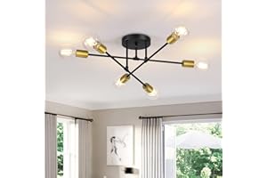 Gbood Modern Semi Flush Mount Ceiling Light, 6-Lights Sputnik Chandelier for Bedroom Lighting, Industrial Kitchen Light Fixture Ceiling Mount for Dining Room Hallway Living Room(Black with Gold)