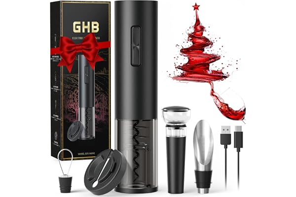 GHB Tire-Bouchon Electrique Rechargeable Ouvre Bouteille Electrique 6 EN 1 avec Coupe-Capsule, Verseur, Bouchon à Vin Cadeau de Noël pour Les Amateurs de Vin (Incluse Câble USB Type-C)