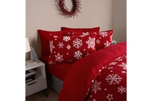 OHS Christmas Bedding Double, Xmas Snowflakes Teddy Fleece Duvet Set Super Soft Warm Cosy Winter Christmas Duvet Set Double Comfy Luxurious Quilt Xmas Bedding with Pillowcases, Red