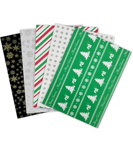 Carta Velo Per Regali Di Natale – 25 Fogli 50x35cm, 5 Motivi Festivi (Albero, Stelle, Pupazzo Di Neve...)