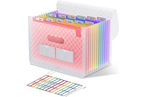 ThinkTex Accordian File Organizer, 12 pochettes extensibles, organiseur portable de factures mensuelles et de reçus, onglets colorés, format A4 - Rose
