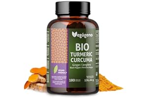 VEGÁGENO VEGAGENO Curcuma con Jengibre y Pimienta Negra 180 Capsulas 100% Orgánica. Para Digestión y Articulaciones.Dosis alta de Curcumina