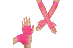 YOLEV 2 Pares Guantes de Rejilla de Color Neón para Mujer Guantes sin Dedos Guantes Largos y Cortos de Rejilla Suministros para Disfraces de Fiesta de Discoteca Retro de los años 80