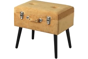 BARONI HOME Baroni Pouf Valigia Contenitore in Velluto, Puff Sgabello Portaoggetti, Pouff Poggiapiedi Salotto, Camera con Zampe in Legno, Colore Giallo Ocra, 50x35x46 cm