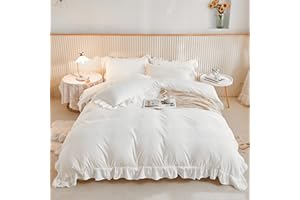 WONGS BEDDING 3 Pieces White Ruffle Bedding Set with 2 Pillowcase Frills Duvet Cover with Zipper Closure Soft Microfiber Duvet Cover Set Double 200x200 cm