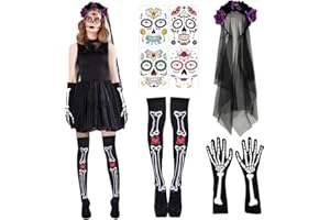 Augesak Diadema Catrina con Velo, Diadema Dia De Los Muertos, Muslo Alto Esqueleto Calcetines, Tatuajes Cara Halloween, Día los Muertos Accesorios para Mujeres